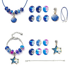 Bleu Moyen  Kit de fabrication de collier de bracelet européen bricolage pour enfant, y compris la fabrication d'un bracelet en chaîne en laiton et d'un collier en corde de cire, pendentif en alliage de style grand trou et perles de résine, bleu moyen, pendentif: 36.5~39 mm, Trou: 5mm, 16 pièces / kit