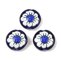 Blue Printed Handmade Porcelain Beads, Flat Round with Flower, Blue, 15x6mm, Hole: 2mm