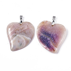 Thistle Natural Agate Pendants, with Platinum Plated Brass Pinch Bails, Dyed, Heart, Thistle, 45~46x40~43x5~8mm, Hole: 4x5mm