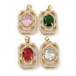 Mixed Color Brass Micro Pave Clear Cubic Zirconia Pendants, with Glass, Rectangle, Mixed Color, 22.5x15x8mm, Hole: 4x2.5mm