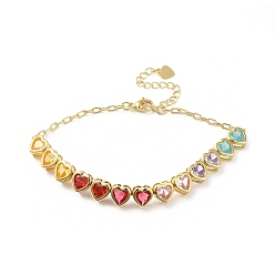 Real 18K Gold Plated Colorful Cubic Zirconia Heart Link Bracelet, Rack Plating Brass Jewelry for Women, Cadmium Free & Lead Free, Golden, 7-3/8 inch(18.8cm)