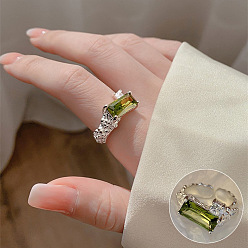 Rectangle Olivine Rhinestone Open Cuff Ring, Platinum Brass Jewelry for Women, Rectangle Pattern, US Size 8(18.1mm)