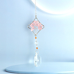 Rhombus Crystals Hanging Pendants Decoration, with Natural Rose Quartz Chips and Alloy Findings, for Home, Garden Decoration, Rhombus, 230mm