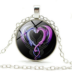 Purple Dragon Theme Glass Round Pendant Necklace with Alloy Chains, Purple, 20.47 inch(52cm)