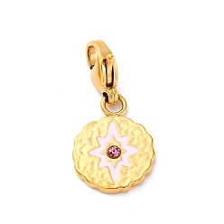Лавандовый румянец Плоская круглая со звездой 304 подвеска из нержавеющей стали со стразами и эмалью, с застежкой омар коготь, реальный 14 k позолоченный, ионное покрытие (ip), лавандовый румянец, 24 мм