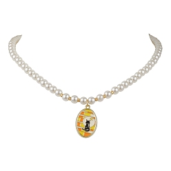 Cat Shape White Glass Pearl Beaded Necklaces, Alloy Enamel Pendants Necklaces  for Women, Flower, Golden, Cat Shape, 15.63 inch(39.7cm)