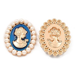 Steel Blue Zinc Alloy Enamel Cabochons, with Plastic Imitation Pearls, Oval with Woman, Light Gold, Steel Blue, 53x42x7.5mm