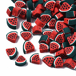 Red Handmade Polymer Clay Beads, Watermelon Slice, Red, 9.5~10.5x10~10.5x4.5~5mm, Hole: 1.8mm
