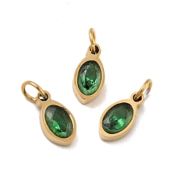Green Vacuum Plating 304 Stainless Steel Pendants, with Cubic Zirconia and Jump Rings, Single Stone Charms, Oval, Golden, Green, 10x5x3mm, Hole: 3.4mm