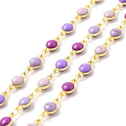 Lilac Brass Flat Round Link Chains, with Enamel, Real 18K Gold Plated, Soldered, Long-Lasting Plated, with Spools, Lilac, 4.5x9x3mm, 3x2x0.5mm