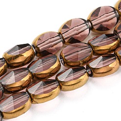 Rosy Brown Electroplate Transparent Glass Beads Strands, with Golden Plated Edge, Faceted Oval, Rosy Brown, 8~9x6.5x5mm, Hole: 1.2mm, about 37pcs/strand, 23.78 inch(60.4cm)
