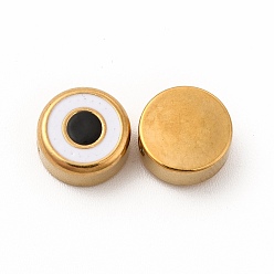 Black Eco-Friendly 304 Stainless Steel Beads, with Enamel, Flat Round with Evil Eye, Golden, Black, 8x4mm, Hole: 1.5mm