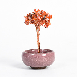 Carnelian Natural Carnelian Chips Tree Display Decorations, with Random Color Porcelain Bowls, Copper Wire Wrapped Feng Shui Ornament for Fortune, 66x100~110mm