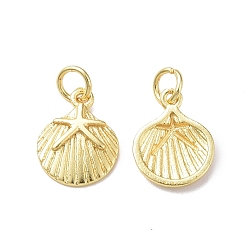 Real 18K Gold Plated Rack Plating Brass Charms, with Jump Ring, Lead Free & Cadmium Free, Shell with Starfish Charm, Real 18K Gold Plated, 13x10.5x2mm, Hole: 3mm