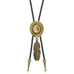 Antique Bronze PU Leather Lariat Necklaces, Cowboy Hat & Feather Alloy Pendant Necklace, Antique Bronze, 15.75~27.56 inch(40~70cm)