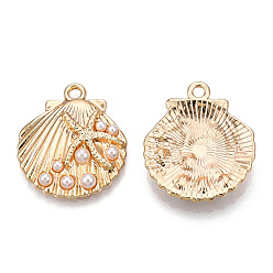 Light Gold Barrel Plating Alloy Pendants, with ABS Plastic Imitation Pearl, Cadmium Free & Nickel Free & Lead Free, Scallop Shape with Starfish, Light Gold, 27.5x24x4mm, Hole: 2.3mm