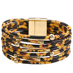 chrysanthemum Leopard Print Magnetic Clasp Leather Bracelet - Beaded Leather Cord Bracelet, Copper Tube Bangle, Jewelry.