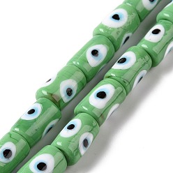 Lime Green Handmade Evil Eye Lampwork Beads Strands, Column, Lime Green, 15x10mm, Hole: 2mm, about 25pcs/strand, 14.76 inch(37.5cm)