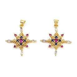 Настоящее золото 18K Подвески из латуни и кубического циркония, снежинка, без кадмия и без свинца, красочный, реальный 18 k позолоченный, 28.5x26x3.5 мм, отверстие : 5x3.5 мм