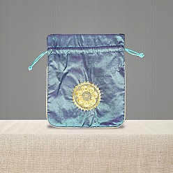 Steel Blue Chinese Style Brocade Drawstring Gift Blessing Bags, Jewelry Storage Pouches for Wedding Party Candy Packaging, Rectangle with Flower Pattern, Steel Blue, 18x15cm