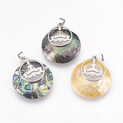Mixed Shell Shell Pendants, with Platinum Tone Brass Findings, Flat Round with Buddha, 32x28x7mm, Hole: 4x5mm