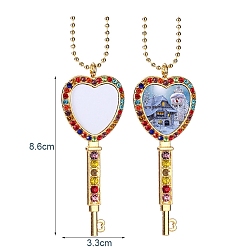 Golden Sublimation Printing Blank Alloy Heart Skeleton Key Pendant Necklace, Rhinestone Jewelry for Valentine's Day, Golden, Pendant: 83~86x33x3mm, 27.56 inch(70cm)