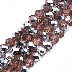 Dark Salmon Electroplate Transparent Glass Beads Strands, Half Silver Plated, Faceted, Rondelle, Dark Salmon, 8x6mm, Hole: 1mm, about 65~68pcs/strand, 15.7~16.1 inch(40~41cm)