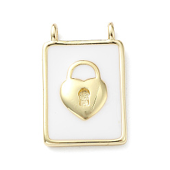 Lock Rack Plating Brass Connector Charms, Rectangle Links with White Enamel, Lead Free & Cadmium Free, Long-Lasting Plated, Real 18K Gold Plated, Lock, 18x11.5x2mm, Hole: 1.5mm