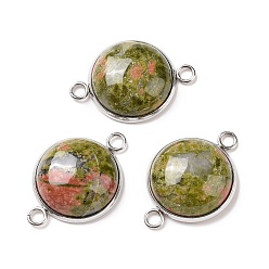 Unakite Natural Unakite Connector Charms, Half Round Links, with Stainless Steel Color Tone 304 Stainless Steel Findings, 18x25.5x7mm, Hole: 2mm
