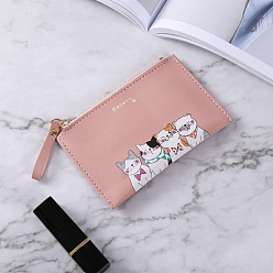 Pink PU Leather Credit Card Storage Bags, Cute Small Wallet for Women Girls, Rectangle with Cat Pattern, Pink, 95x115x20mm