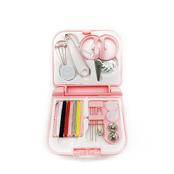 Pink Conjuntos de herramientas de costura, incluyendo agujas de coser, hilo de poliéster, alfileres de gancho, , botón a presión de costura, abrazadera, tijera, enhebrador de dispositivos de aguja de coser, rosa, 70x65x17.5 mm
