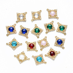Mixed Color Glass Links connectors, with Eco-Friendly Alloy Open Back Berzel Findings and Clear Cubic Zirconia, Rhombus, Nickel Free, Light Gold, Mixed Color, 23.5x19x4.5mm, Hole: 1.2mm