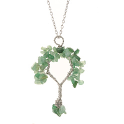 Green Quartz Natural Green Quartz Chips Tree of Life Pendant Necklaces, Brass Wire Wrap Necklace with Alloy Chains, 20.08 inch(51cm)