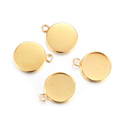 Golden Rack Plating 304 Stainless Steel Pendant Cabochon Settings, Plain Edge Bezel Cups, Flat Round, Real 24K Gold Plated, Tray: 14mm, 20x16x2mm, Hole: 2.2mm