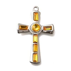 Цитрин 304 подвески из нержавеющей стали, со стразами, цвет нержавеющей стали, крестик, цитрин, 37.5x23.5x4.5 мм, отверстие : 2 мм