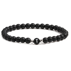 Dumb black stone T 6mm Matte Agate Stone Beaded Letter Bracelet for Men and Couples Jewelry