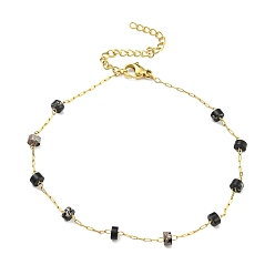 Imperial Jasper Natural Imperial Jasper Column Beaded Anklet with Vacuum Plating Golden 304 Stainless Steel Chains for Women, 8-3/4~8-7/8 inch(22.1~22.4cm)