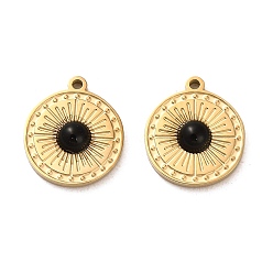 Obsidian 304 Stainless Steel Pave Natural Obsidian Flat Round Charms, Real 14K Gold Plated, 13.5x12x3mm, Hole: 1.2mm