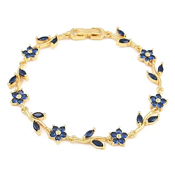 Bleu Bracelets en laiton pavé de zirconiums cubiques à maillons en forme de fleur pour femmes, crémaillère plaquage, plaqué longue durée, sans cadmium et sans plomb, réel 18 k plaqué or, bleu, 7.44 pouce (18.9 cm)