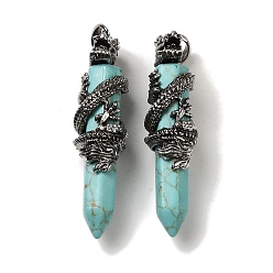 Synthetic Turquoise Synthetic Turquoise Dyed Pointed Big Pendants, Faceted Bullet Charms with Rack Plating Antique Silver Plated Alloy Gragon, Cadmium Free & Lead Free, 63~64x19~20x15.5mm, Hole: 7.5x6.5mm