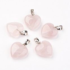 Rose Quartz Natural Rose Quartz Pendants, Heart, with Brass Findings, Platinum, 22~23x20~20.5x6~7.5mm, Hole: 5x8mm