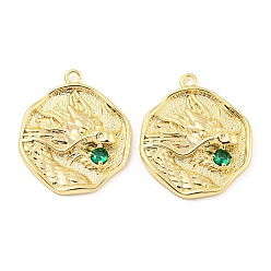 Green Brass Micro Pave Cubic Zirconia Pendants, Flat Round with Dragon, Green, 23x20x2mm, Hole: 1.6mm