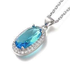 Темно-Голубой 304 из нержавеющей стали кабель цепи ожерелья, Овальные подвески из латуни с прозрачным кубическим цирконием, платины и нержавеющая сталь цвет, глубокое синее небо, 17.52 дюйм (44.5 см)