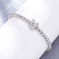 Letter U Латунные круглые бусины эластичные браслеты, Подвеска в виде буквы из латуни с микропаве из прозрачного кубического циркония для женщин, без свинца и без кадмия, стойки покрытие, платина, Буква U, внутренний диаметр: 2~2-1/8 дюйм (5~5.5 см)