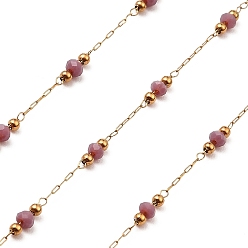 Pale Violet Red Rondelle Glass Beaded Link Chains, with Golden 304 Stainless Steel Paperclip Chains, Soldered, with Spool, Pale Violet Red, 3x2.5mm, 2mm, about 32.81 Feet(10m)/Roll