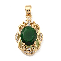 Green Brass Micro Pave Clear Cubic Zirconia Pendants, with Glass, Flower, Green, 22x14x7mm, Hole: 4x2.5mm