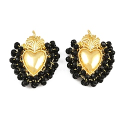 Black Alloy & Glass Seed Beaded Pendants, Heart Charm, Long-Lasting Plated, Rack Plating, Cadmium Free & Lead Free, with Brass Jump Ring, Golden, Black, 32x27x8mm, Hole: 5mm