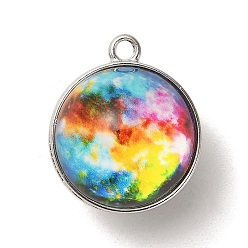 Colorful Galaxy Theme Luminous Glass Ball Pendants, Glow in the Dark, with Platinum Tone Alloy Edge, Colorful, 25x21.5x20~21mm, Hole: 2mm