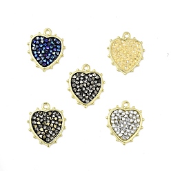 Mixed Color Rhinestone Pendants, with Light Gold Plated Brass Findings, Heart, Cadmium Free & Lead Free, Mixed Color, 20x17.5x2.5mm, Hole: 1.6mm
