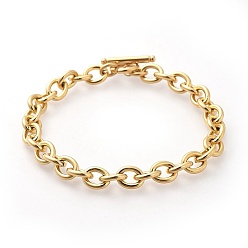 Golden Vacuum Plating 304 Stainless Steel Cable Chain Bracelets, with Toggle Clasps, Golden, 8-5/8 inch(22cm), 8mm